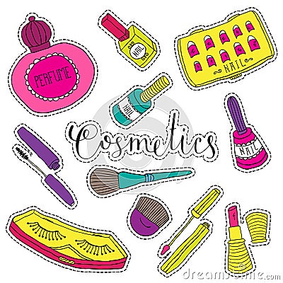 Hand drawn fashion cosmetics. Beauty and makeup set of stickers in cartoon comic style. Vector Illustration