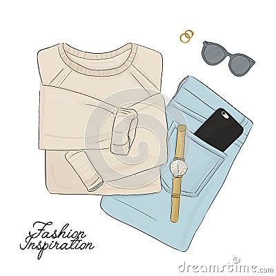 Hand drawn fashion elements. Sweater, jeans, accessories flatlay. Beautiful womens casual outfit set. Autumn street Vector Illustration