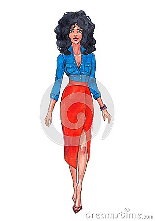 Hand drawn fashion girl illustration. Fashion model in orange skirt. stylish outfit. Cartoon female character. Cartoon Illustration