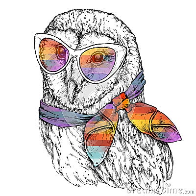 Hand Drawn Fashion Illustration of Barn Owl with sunglasses Vector Illustration