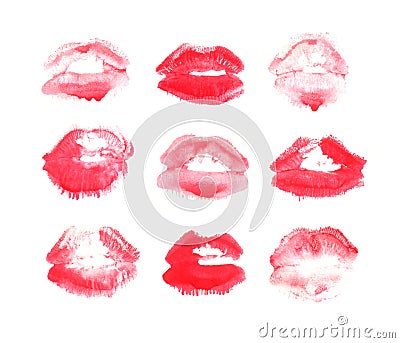 Hand drawn fashion illustration lipstick kiss. Female seamless pattern with red lips. Romantic background Cartoon Illustration