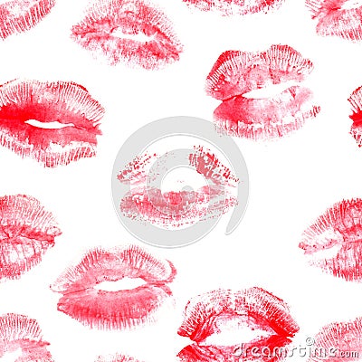 Hand drawn fashion illustration lipstick kiss. Female seamless pattern with red lips. Romantic background Cartoon Illustration