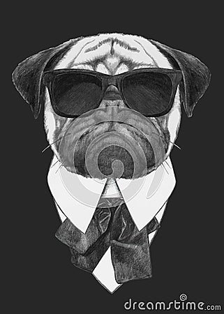 Hand drawn fashion Illustration of Pug Dog with sunglasses. Vector Illustration