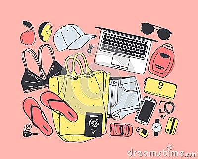 Hand drawn Fashion Illustration What is in my bag. Vector picture casual objects on pink background. Artistic doddle drawing. Vector Illustration