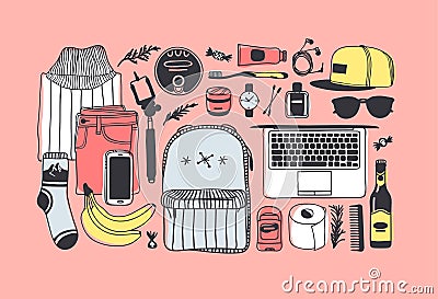 Hand drawn Fashion Illustration What is in my bag. Vector picture casual objects on pink background. Artistic doddle drawing. Stock Photo