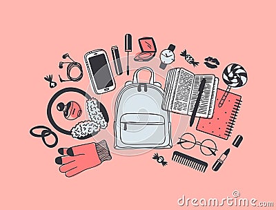 Hand drawn Fashion Illustration What is in my bag. Vector picture casual objects on pink background. Artistic doddle drawing. Stock Photo