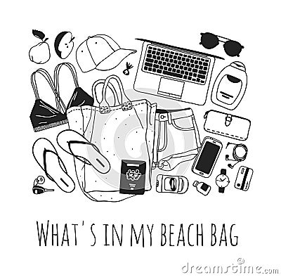 Hand drawn Fashion Illustration What is in my bag. Vector picture Summer casual objects. Artistic Tropical doddle drawing. Stock Photo
