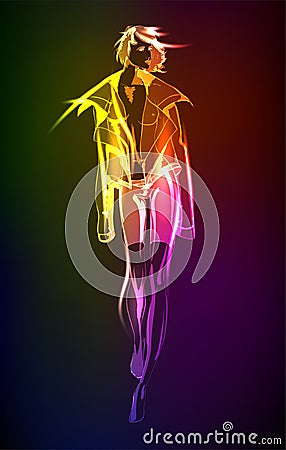 Hand-drawn fashion model from a neon. A light girl Vector Illustration