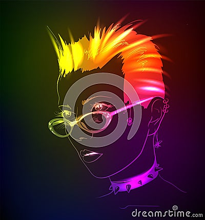 Hand-drawn fashion model from a neon. A light girl`s face Vector Illustration