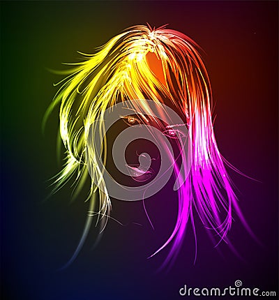 Hand-drawn fashion model from a neon. A light girl`s face Vector Illustration