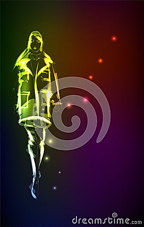 Hand-drawn fashion model from a neon. A light girl`s. Fashion girl. ashion woman Vector Illustration