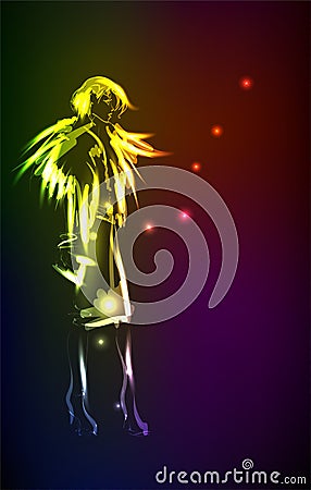 Hand-drawn fashion model from a neon. A light girl`s. Fashion girl. ashion woman Stock Photo