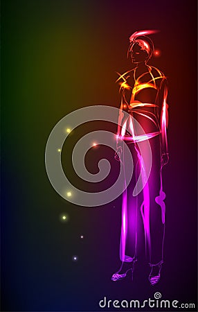 Hand-drawn fashion model from a neon. A light girl`s. Fashion girl. ashion woman Vector Illustration