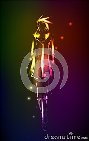 Hand-drawn fashion model from a neon. A light girl`s. Fashion girl. Stylish fashion model. Fashion woman Vector Illustration