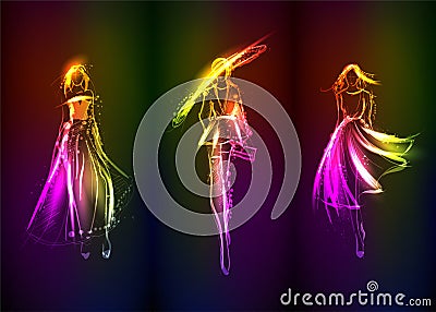 Hand-drawn fashion model from a neon. A light girl`s. Fashion girl Vector Illustration