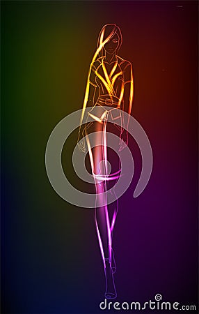 Hand-drawn fashion model from a neon. A light girl`s. Vector Illustration