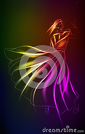 Hand-drawn fashion model from a neon. A light girl`s. Vector Illustration