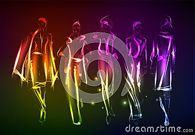 Hand-drawn fashion model from a neon. A light girl`s. Fashion girl Vector Illustration