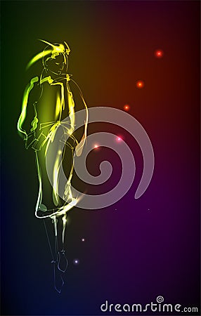 Hand-drawn fashion model from a neon. A light girl`s. Fashion girl. Fashion woman Stock Photo