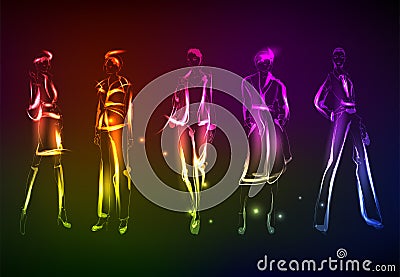 Hand-drawn fashion model from a neon. A light girls. Fashion girls. Stylish fashion model. Fashion woman Vector Illustration