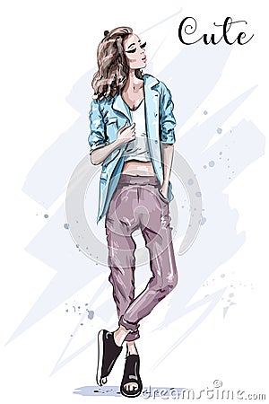 Hand drawn fashion model posing. Stylish beautiful woman in jacket. Vector Illustration