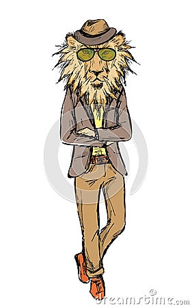 Hand Drawn Fashion Portrait of Lion Hipster isolated on white ba Vector Illustration