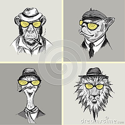 Hand Drawn Fashion Portrait of Lion,monkey, ostrich, Bulldog Vector Illustration