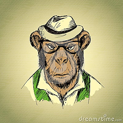 Hand Drawn Fashion Portrait of Monkey Hipster Vector Illustration