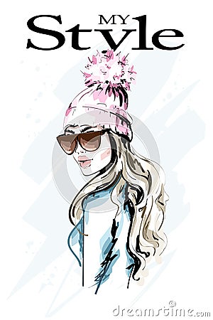 Hand drawn fashion woman in knitted hat with fur pompom. Stylish beautiful young woman portrait. Cute girl in winter clothes. Vector Illustration