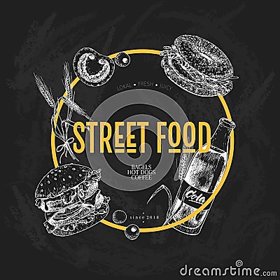 Hand drawn fast food banner. Street food creative flyer.Burger, soda, tomato, bagel, wheat barrels and olives Vector Illustration