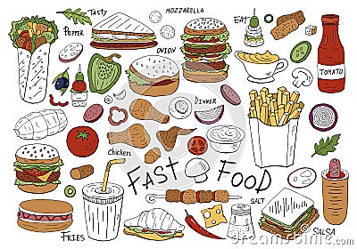 Hand drawn fast food collection isolated on white background. Vector stree food set Stock Photo