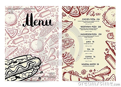 Hand drawn fast food restaurant menu Vector Illustration