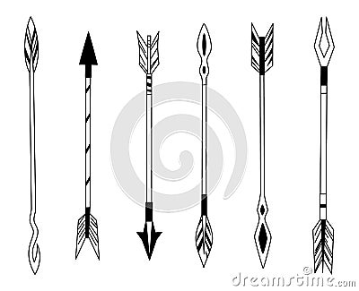 Hand drawn feather arrow, tribal feathers on pointer and decorative boho bow, feather indian arrowhead. Native aztec or Vector Illustration