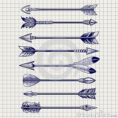 Hand drawn feathery arrows sketch Vector Illustration