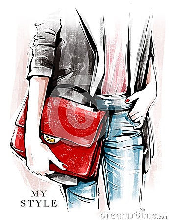 Hand drawn female body parts in fashion clothes. Fashion look sketch. Stylish girl holding red bag. Cartoon Illustration