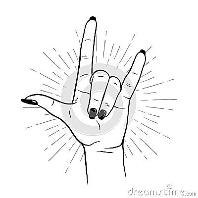 Hand drawn female hand in rock gesture. Flash tattoo, blackwork, sticker, patch or print design vector illustration Vector Illustration