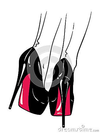 Hand drawn female legs in high heels and seamed stockings. Flash tattoo or print design in noir comics style vector illustration Vector Illustration