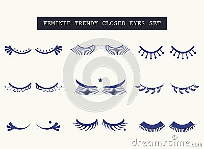 Hand drawn feminine closed pair of eyes icons set Vector Illustration