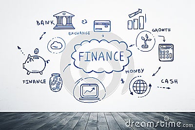Hand drawn financial sketch on white wall with wooden floor Cartoon Illustration