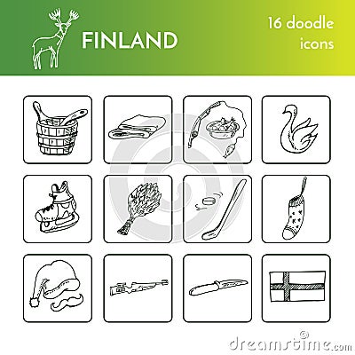 Hand drawn Finland travel set with icons Vector isolated illustration doodle sketch Vector Illustration