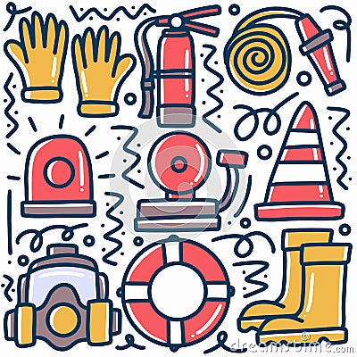 hand drawn firefighters equipment doodle Vector Illustration