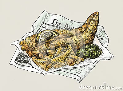 Hand drawn fish and chips Stock Photo