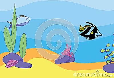 Hand Drawn Fish Illustration. Underwater World Panorama. Vector Illustration