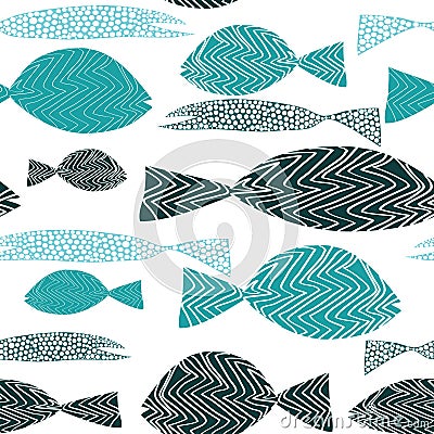 Fish seamless pattern. Various turquoise fish with stripes ans dots. Vector illustration on white background Vector Illustration