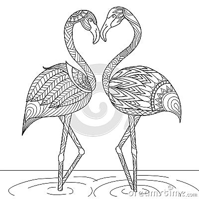 Hand drawn flamingo couple zentangle style Vector Illustration