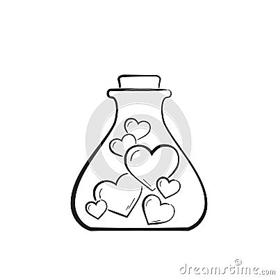 Hand drawn flask with hearts. philtre and love potion symbol. valentine`s day design Vector Illustration