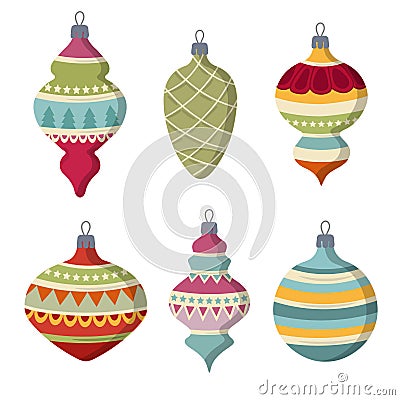 Hand drawn flat Christmas balls collection isolated on white ba Vector Illustration