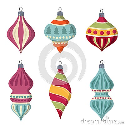 Hand drawn flat Christmas balls collection isolated on white ba Vector Illustration