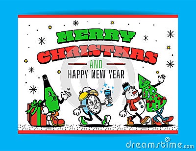 Hand-drawn Flat Design Trendy Cartoon Christmas Characters. Vintage Toons Retro Cartoon. Vector Illustration Vector Illustration