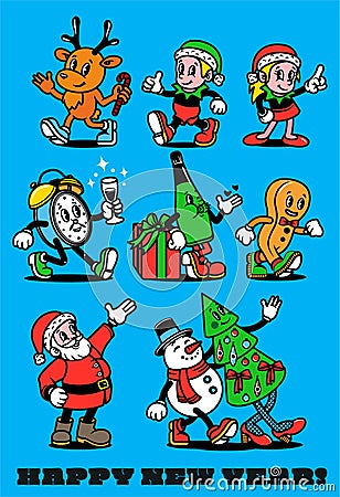 Hand-drawn Flat Design Trendy Cartoon Christmas Characters. Vintage Toons Retro Cartoon. Vector Illustration Vector Illustration